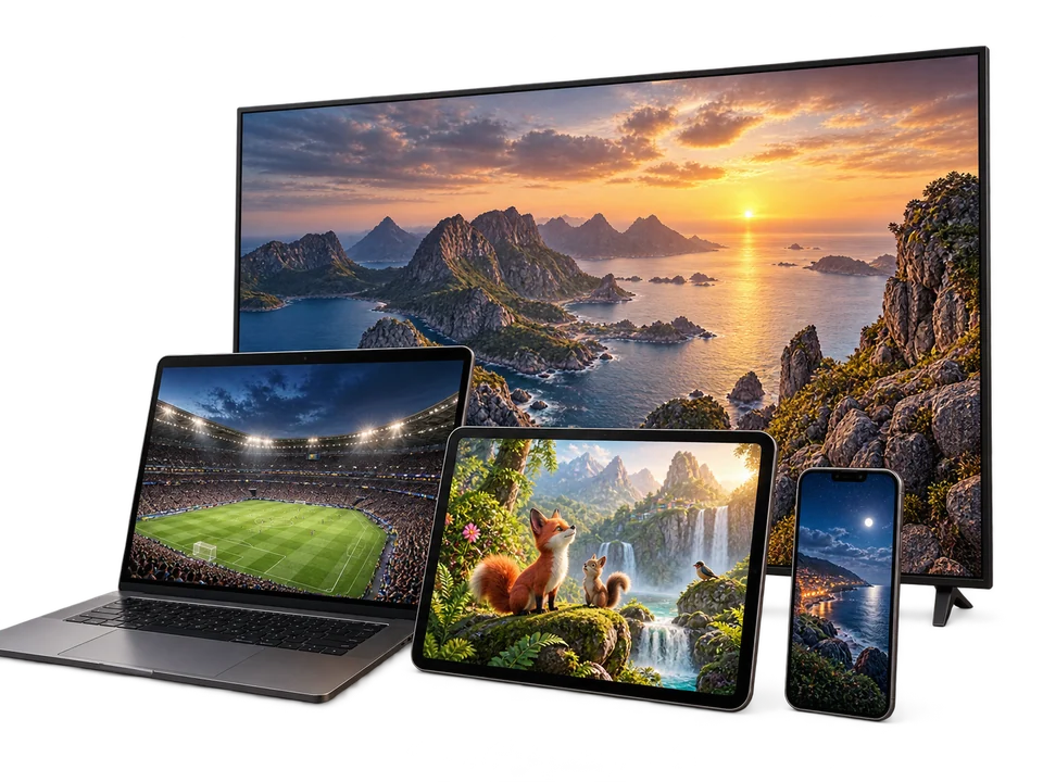 TV, laptop, tablet and phone showing films, sports and animated entertainment